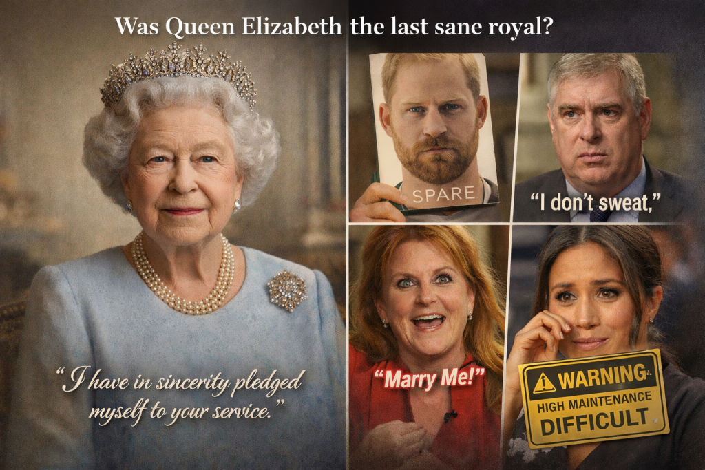 Composite image contrasting Queen Elizabeth II with modern royals, questioning whether she was the last sane royal.