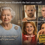 Composite image contrasting Queen Elizabeth II with modern royals, questioning whether she was the last sane royal.