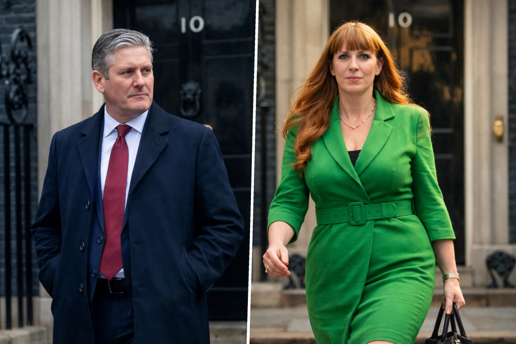Keir Starmer standing outside 10 Downing Street while Angela Rayner walks towards the entrance, shown side by side in a split image suggesting political transition and uncertainty.