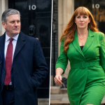 Keir Starmer standing outside 10 Downing Street while Angela Rayner walks towards the entrance, shown side by side in a split image suggesting political transition and uncertainty.