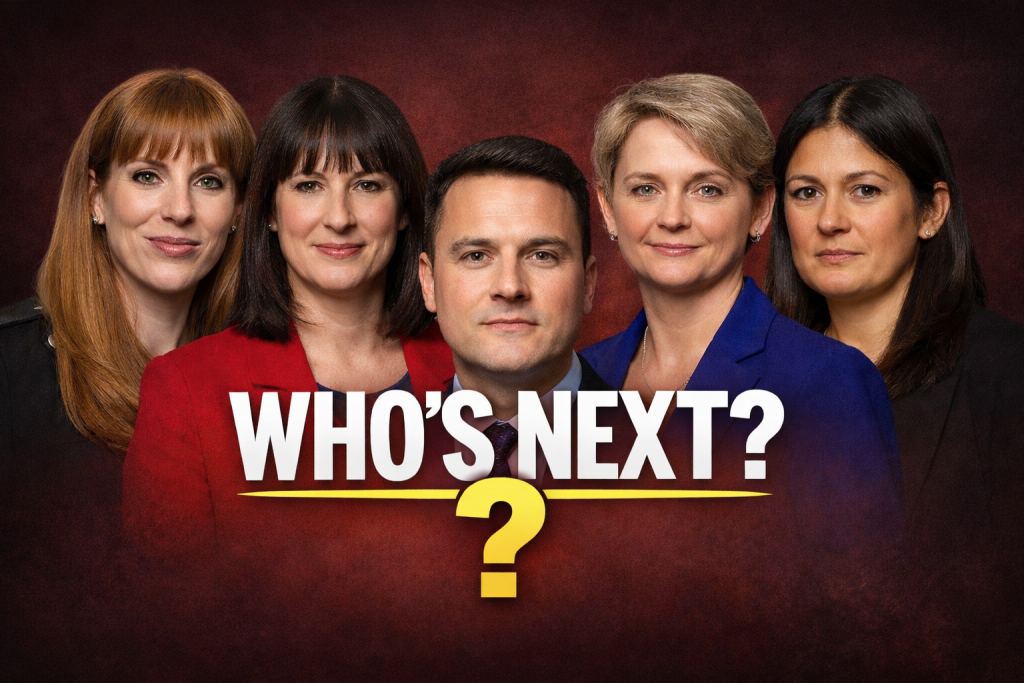 Composite image showing Angela Rayner, Rachel Reeves, Yvette Cooper, Wes Streeting and Lisa Nandy against a dark red background with the words “Who’s next?” highlighting speculation over Labour’s leadership after Keir Starmer