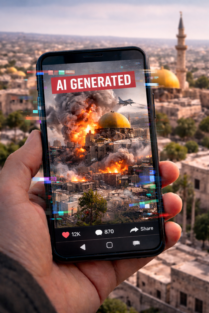 AI-generated war image displayed on a smartphone showing a bombed mosque, contrasted with a peaceful city scene in the background.