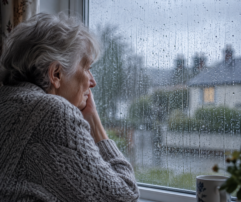 **Alt text:** Elderly woman looking thoughtfully through a rain-soaked window on a grey day