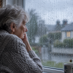 **Alt text:** Elderly woman looking thoughtfully through a rain-soaked window on a grey day